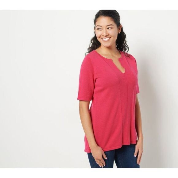 Isaac Mizrahi Live Pink Split Neck Short Sleeve Pullover Sweater Top Size Large - Picture 1 of 9